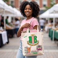 Sac fourre-tout en toile personnalisé avec logo, lettres grecques vert pomme et rose, souvenir universitaire pour sororité