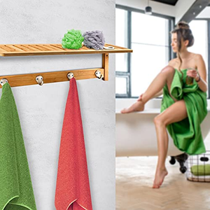 Étagère murale rustique en bambou à un seul niveau, porte-manteau, porte-clés, organiseur de courrier pour salle de bain et salon - Product Image 3