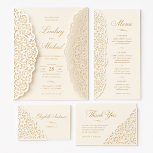 Suite de papeterie de <span class=keywords><strong>mariage</strong></span> en papier découpé au laser sur mesure, avec <span class=keywords><strong>dentelle</strong></span>, dorure à chaud, couleur ivoire, pour invitations, menus et marque-places, pour papeterie de mariée de haute couture, faible MOQ - Product Image 1