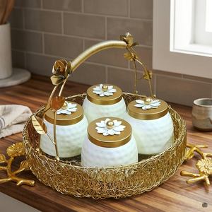 Ensemble de pots à épices avec couvercle fleuri et poignée en métal pour la cuisine - Product Image 1