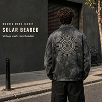 Blouson matelassé noir délavé effet vieilli, fermeture éclair, 100% coton, bordure côtelée au dos, style streetwear unisexe, personnalisable ODM