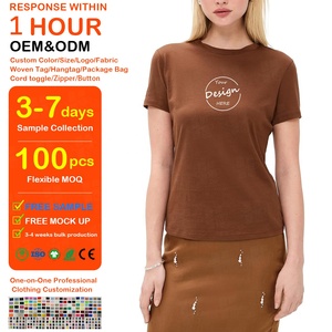 Factory Custom Fashion Knitted Cotton Short-sleeved <strong>Shirt</strong> 200G <strong>Slim</strong> <strong>Fit</strong> Soft Cotton Brown <strong>Womens</strong> <strong>T</strong> <strong>Shirts</strong> Wholesale - Product Image 1