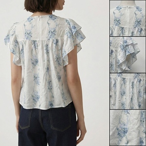 Chemise à fleurs bleues de style français 2026, à pois blancs suisses, pour femmes, été, manches bouffantes à volants, col en V à nouer devant - Product Image 4