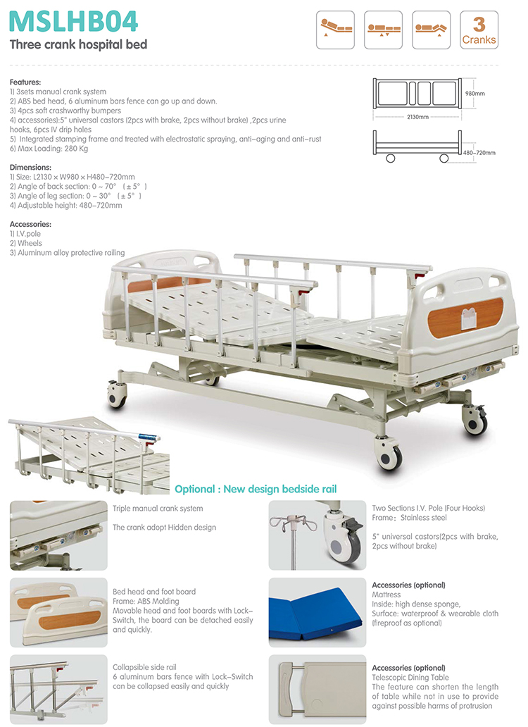 Equipo Hospitalario Cama Hospitalaria Manual de 3 Funciones Ajustable para Pacientes en Pakistán