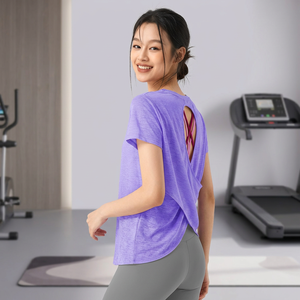 T-shirt de yoga pour femme à dos croisé et découpes, col rond, manches courtes, haut de sport à séchage rapide en tissu fin, pour entraînement et Pilates, OEM ODM - Product Image 2