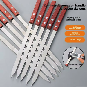 Brochettes plates en acier inoxydable 304 pour barbecue, manche en bois rouge, réutilisables, vente en gros - Product Image 3