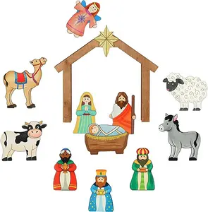 Kunden spezifische 12 Stück Holz krippe Set Ornament Holz Weihnachten Jesus ist Szene für Indoor Tisch dekoration geboren