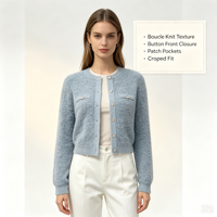 Gaby – Cardigan tricoté à manches longues pour femme, de haute qualité, en maille pointelle bleue, personnalisable OEM, couleur marron, avec boutons en corne
