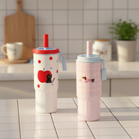 Gobelet isotherme réutilisable en acier inoxydable 304 de 580 ml, design animal mignon, avec couvercle à paille et anneau de transport, OEM&ODM