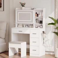 Coiffeuse moderne OEM pour chambre à coucher avec miroir lumineux, chaises, 4 tiroirs, 3 modes d'éclairage réglables, prise de courant et miroir LED coulissant