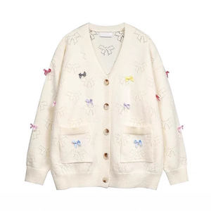 Women <b>Cardigan</b> Sweater Loose Fit Single Breasted Bow Knitwear Vintage Style Anti Pilling Soft Cozy Wear - Product Image 1