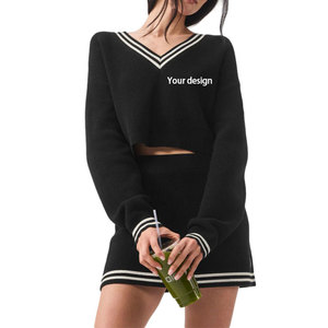 Wholesale Custom Logo Cotton Blend Women Knit Sweater Skirts V-Neck Pullover Solid Color Sports Tennis Knitwear 2 Pieces Set OEM