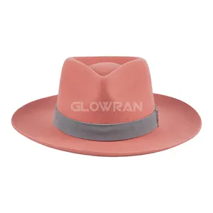 قبعة فيدورا نسائية من الصوف الاسترالي 100% مخصصة من GlowRan بمقاس 61 ولون وردي مع أربطة