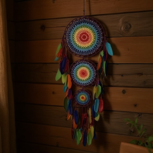 Atrapasueños de Tres Capas con Diseño de Mandala, 35cmx110cm, Decoración Bohemia para Colgar en la Pared, Arte de Ganchillo con Plumas - Product Image 3