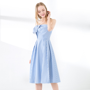 OEM 2019 verano Sexy hombro <span class=keywords><strong>Boutique</strong></span> Sexy lazo azul a rayas vestidos ropa de mujer vestido de fiesta - Product Image 3