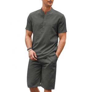 Conjunto de 2 Piezas de <span class=keywords><strong>Lino</strong></span> para <span class=keywords><strong>Hombre</strong></span>, Camisas Henley Casuales de Manga Corta, Pantalones Cortos de Yoga para Playa, Trajes de Verano - Product Image 1