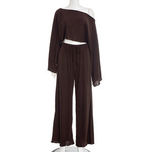 Viviblook Y25ST387 Women Two Piece <b>Set</b> New Slash Shoulder Long Sleeves Crop Top Loose Elastic Pants <b>Set</b> - Product Image 5