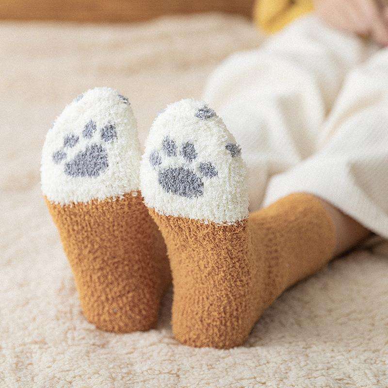 Cats Fashion Soft Fuzzy Knit Wholesale Animal Slipper Fluffy Women Custom Fleece Bed Cat Paw Sleeping Long Socks