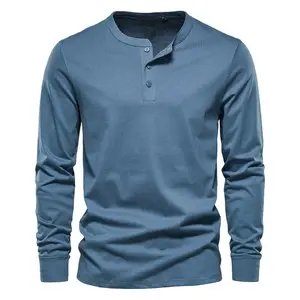 wholesale high quality casual cotton jersey crew neck button placket long sleeve men's t shirt