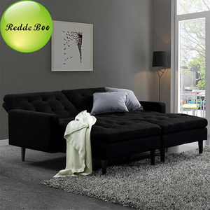Set Divano Salvaspazio in Tessuto Nero con Chaise Longue e Pouf, Arredamento Compatto per Soggiorno/Camera da Letto/Hotel/Appartamento - Product Image 4