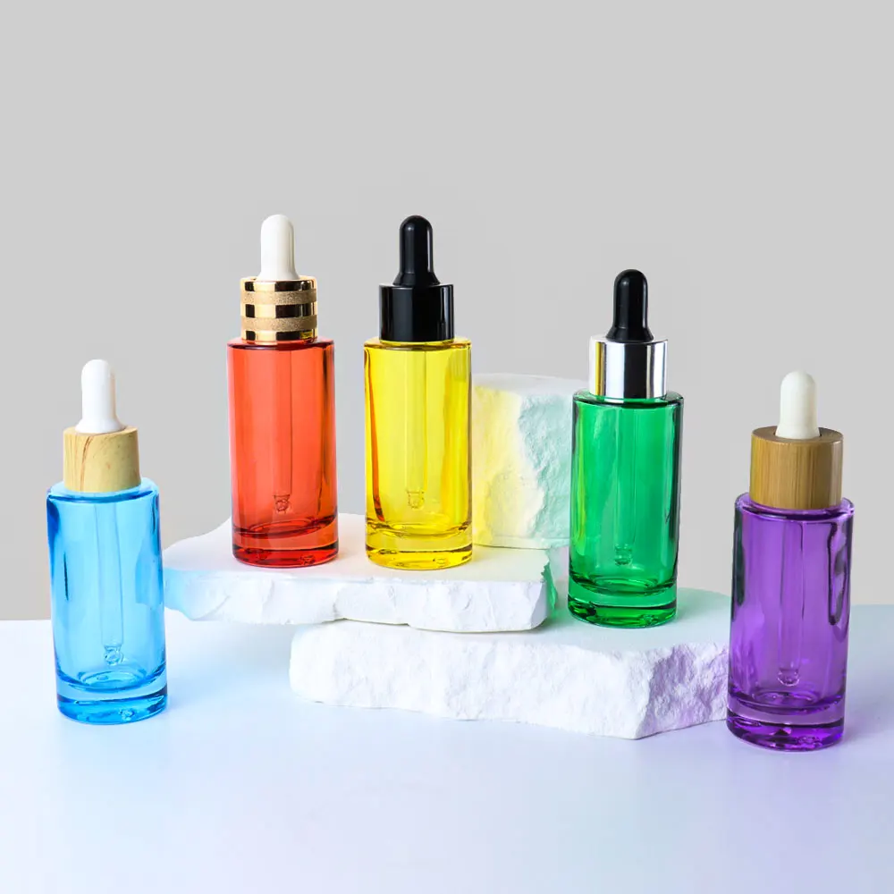 Bottiglia di siero blu viola verde con spalla piatta colorata personalizzata 30ml flaconi contagocce di vetro per cosmetici