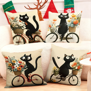 Des chats noirs chevauchent des vélos avec des paniers de fleurs, des oreillers décoratifs pour la maison. - Product Image 1