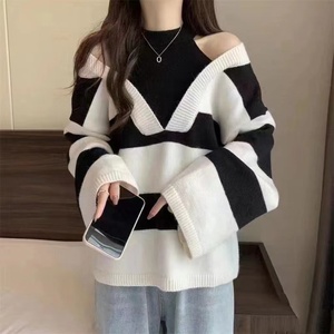 Maglione a maniche lunghe unico maglione donna seducente maglioni a righe da donna - Product Image 4