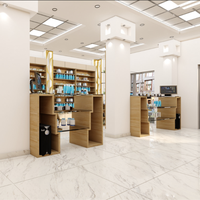Étagère de présentation de pharmacie sur mesure de haute qualité, écologique, avec éclairage LED, design moderne en placage de bois MDF pour l'aménagement intérieur de magasins médicaux