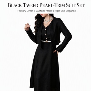 Ensemble tailleur noir en tweed avec garniture perlée pour <span class=keywords><strong>femme</strong></span>, veste courte, jupe, ceinture blanche, boucle dorée, idéal pour le bureau, les soirées, les occasions formelles, personnalisable OEM/ODM - Product Image 1