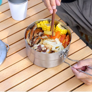Pot à déjeuner d'extérieur en acier inoxydable 304, 16 cm, rond, ensemble de cuisson portable, poignée pliable, ustensiles de pique-nique - Product Image 1