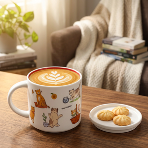 Großhandel Niedliche Katzen-Keramik-Kaffeetasse mit Deckel 414ml Kawaii Cartoon-Kätzchen-Becher Glänzend Weiße Tee-Milch-Tasse Büro Zuhause Geschenk - Product Image 1