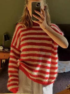 Maglione <span class=keywords><strong>Premaman</strong></span> Invernale da Donna, Morbido e Traspirante, Lavorato a Mano, a Righe Rosse e Bianche - Product Image 1
