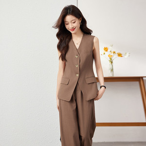 Women's V Neck Sleeveless Vest Set Solid Color Polyester Breathable Office Wear - Product Image 1