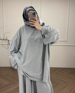 Set da Donna Musulmano Wilson in Jersey di Cotone Abito Modesto Taglie Forti Grigio Abaya Maxi Dress con Top Abbinato - Product Image 3