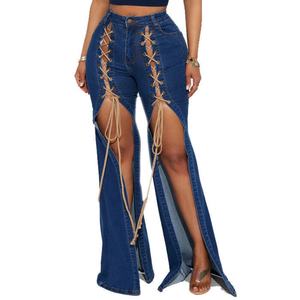 Jean en denim pour femme, coupe skinny, taille haute, évasé, délavé à l'acide, avec fente et cordon de serrage, en coton, sexy, haute qualité, prix bas, promotion - Product Image 1