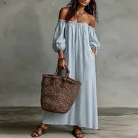 Robe longue rayée élégante, taille haute, coupe ample, manches trois quarts, tenue décontractée d'été