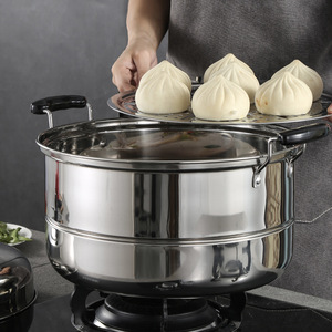 Cuiseur vapeur en acier inoxydable à 2 niveaux avec couvercle pour pains vapeur, compatible avec les cuisinières à induction - Product Image 1
