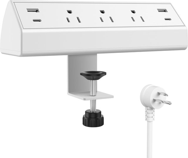 White Fast Charge Station Desk Clamp Power Strip with PD 20W USB C Ports Table Edge Mount Surge Protector Socket for Laptop