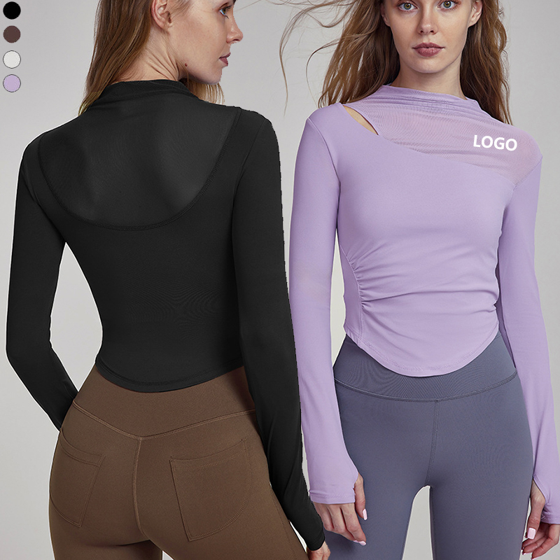 Long Sleeve Gym Women Activewear Sports Pleated Side Custom Corset Fitness Yoga Workout Top