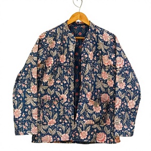 Handmade Boho Style Reversible Quilted Jacket Long Sleeve Floral Print Winter Coat Cotton Filling Block Print Design <b>Button</b> - Product Image 1
