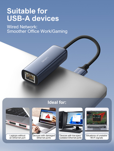 Adaptateur HUB Internet Filaire Gigabit LDNIO RJ-01U USB-A vers <span class=keywords><strong>RJ45</strong></span> pour Jeux en Ligne et Bureau, Câble Tressé Anti-Pliage, Port Métallique - Product Image 4