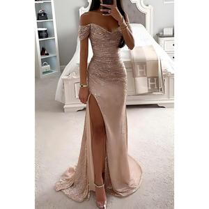 Nouvelles Robes Tendance en Chiffon pour Invitées de <span class=keywords><strong>Mariage</strong></span>, Vente en Gros, pour Femmes, Style Européen et Américain, de Soirée, à Paillettes, Col Bateau, Taille Naturelle, Été - Product Image 5