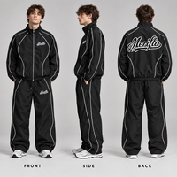 Fabricant de survêtements coupés et cousus avec passepoil, veste zippée à col, pantalon large imprimé au dos, ensemble deux pièces, OEM ODM, vente en gros, usine