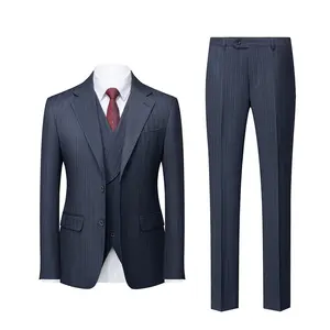 New Business Suit Set for Men Slim fit blue gray striped suit three piece set Shooting Studio Wedding Casual Suits