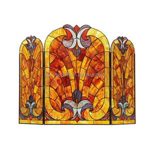 Écran de cheminée en vitrail, 3 panneaux, motif floral, décoration traditionnelle, couleur bleue, forme rectangulaire, décoration artistique, 100*70CM - Product Image 5