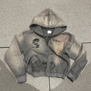 Custom <strong>Manufacturer</strong> Sun Faded Distressed Embroidery Zipper Streetwear Acid Wash Men Zip up Heavyweight Rhinestone <strong>Hoodie</strong> - Product Image 1