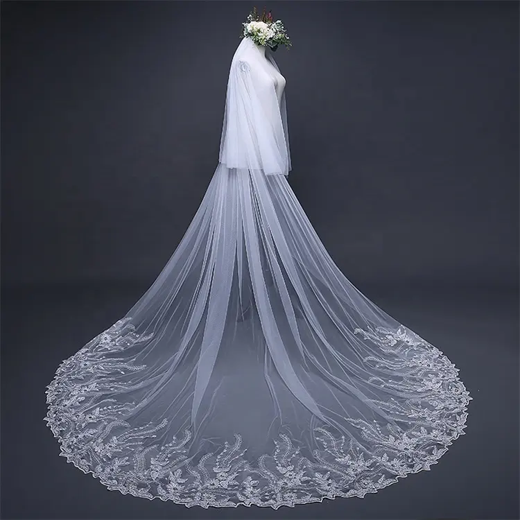 Новая свадебная фата с вышивкой 3 метра, свадебные аксессуары со шлейфом в европейском и американском стиле, кружевная свадебная фата с блестками
