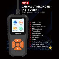 V318 OBD2 Scanner Instrument de diagnostic de défaut de voiture Batterie Puissance du moteur Lecture claire Dysfonctionnement Lumière 10 langues Véhicule