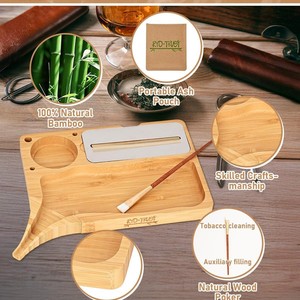 Plateau à cigarettes transfrontalier en bambou et bois, base carrée en bois massif avec entonnoir et plateau de rangement pour tabac. - Product Image 1
