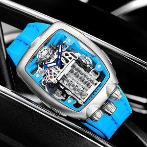 Orologio Meccanico con Quadrante Grande, Design Ispirato ai Motori, Movimento Automatico, Cassa in Acciaio Inossidabile, Nero Blu, Resistente all'Acqua - Product Image 4
